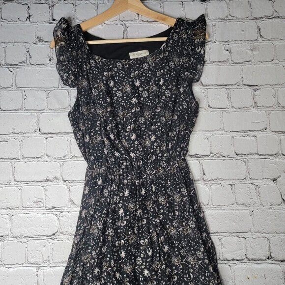 Le Ragazze Silk Black Small Floral Print Tiered Hem Ruffle Sleeve Maxi Dress Med - Picture 2 of 11